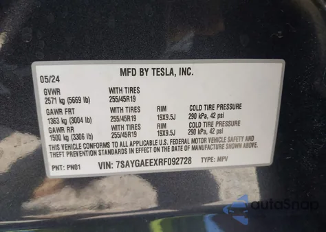 2024 Tesla Model Y Long Range Dual Motor All-Wheel Drive from USA, damaged, VIN 7SAYGAEEXRF092728